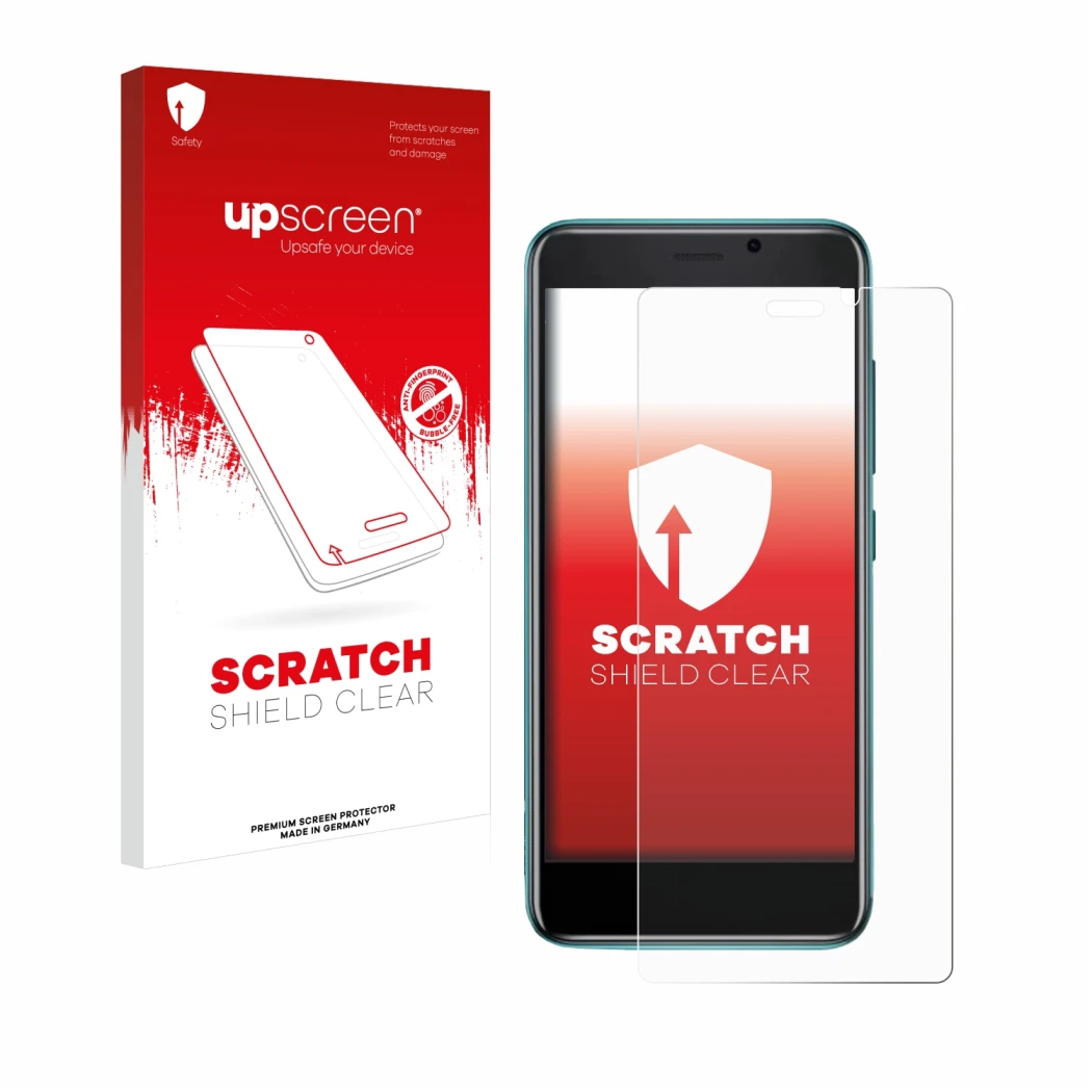 Parte frontale di una confezione del prodotto con il logo del marchio upscreen. Accanto è raffigurato il dispositivo Cubot J 2