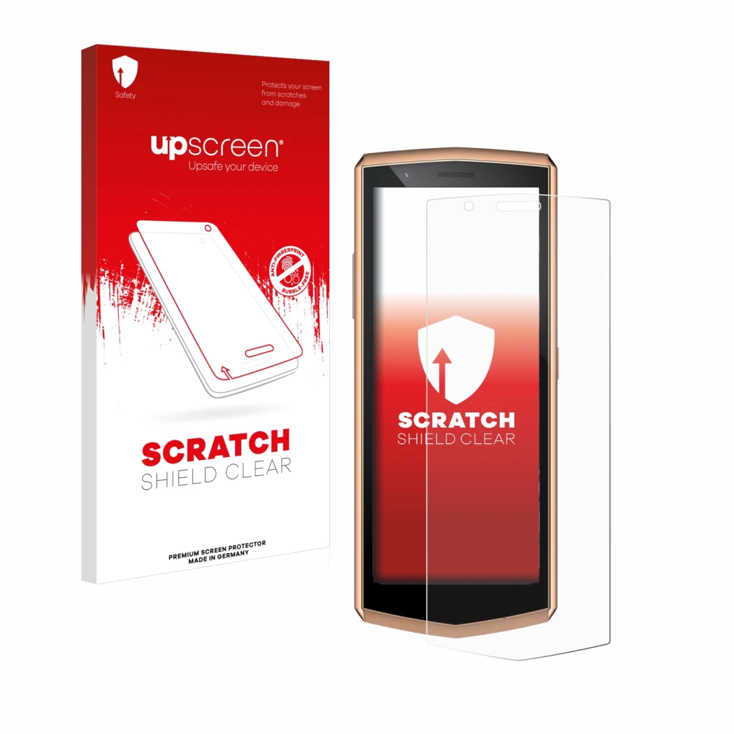 Parte frontale di una confezione del prodotto con il logo del marchio upscreen. Accanto è raffigurato il dispositivo Cubot Poc