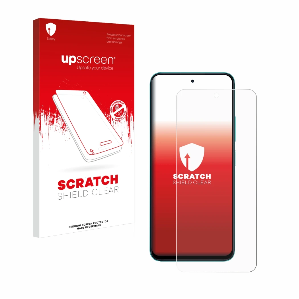 Parte frontale di una confezione del prodotto con il logo del marchio upscreen. Accanto è raffigurato il dispositivo Xiaomi Po