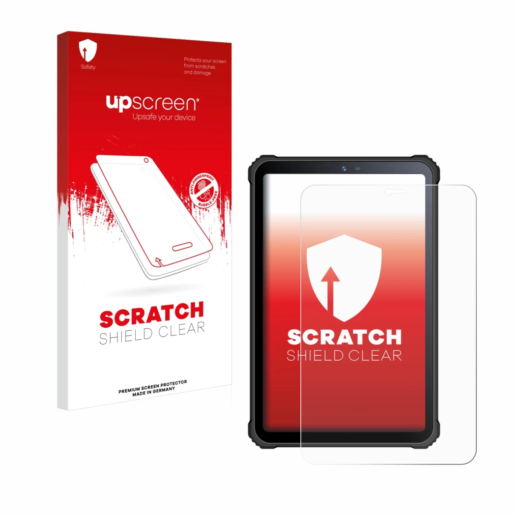 Parte frontale di una confezione del prodotto con il logo del marchio upscreen. Accanto è raffigurato il dispositivo Oukitel R