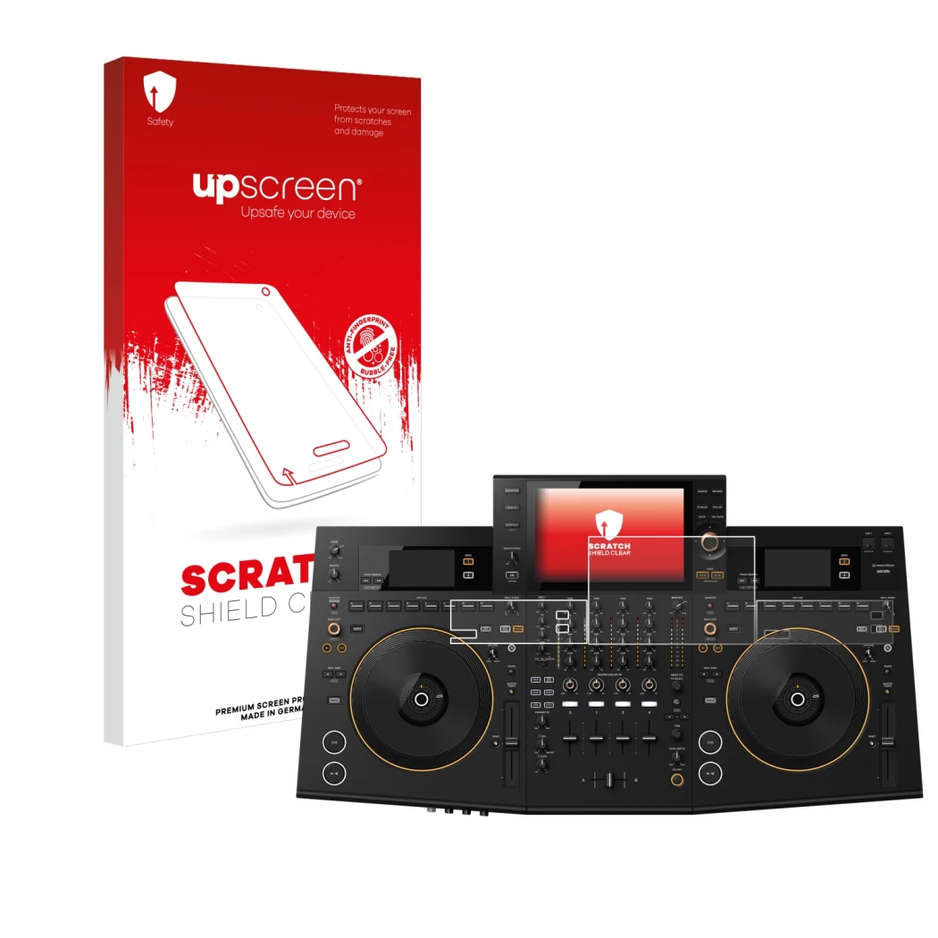 Parte frontale di una confezione del prodotto con il logo del marchio upscreen. Accanto è raffigurato il dispositivo Pioneer O