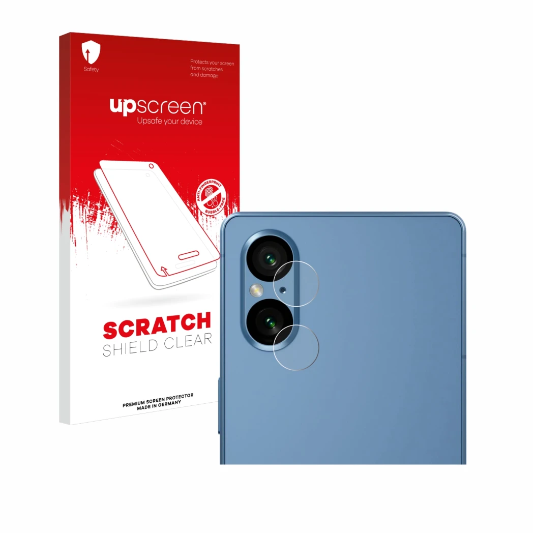 Parte frontale di una confezione del prodotto con il logo del marchio upscreen. Accanto è raffigurato il dispositivo Sony Xper