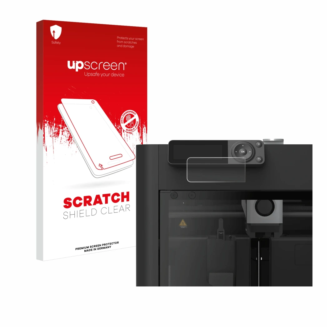 Parte frontale di una confezione del prodotto con il logo del marchio upscreen. Accanto è raffigurato il dispositivo Bambu Lab