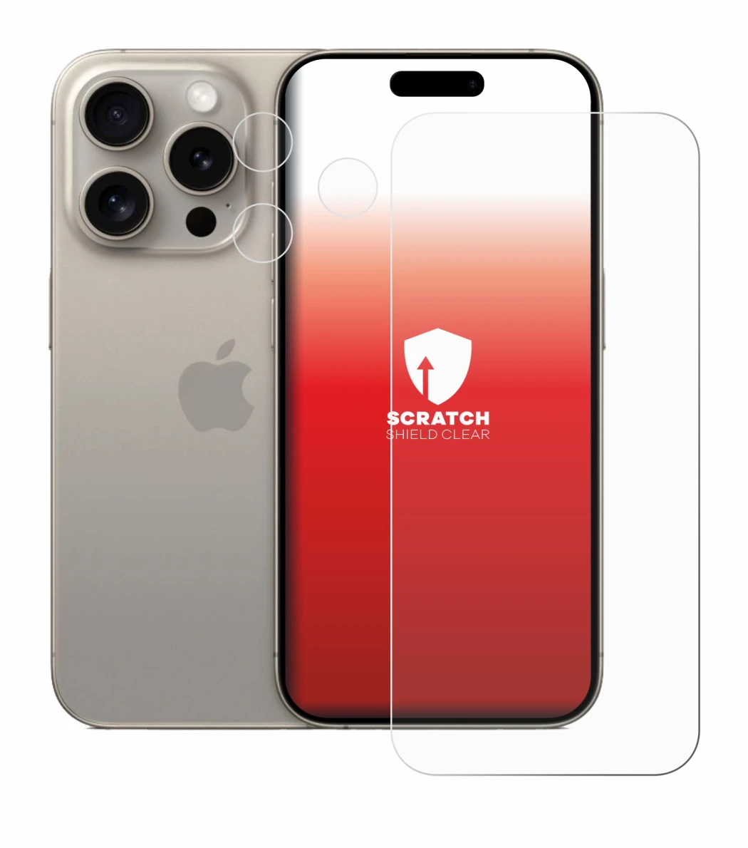 Immagine del dispositivo Apple iPhone 15 Pro (Fronte+Fotocamera) con un'ampia varietà di protezioni per lo schermo.