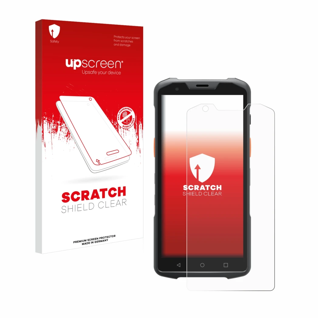 Parte frontale di una confezione del prodotto con il logo del marchio upscreen. Accanto è raffigurato il dispositivo Sunmi L2s