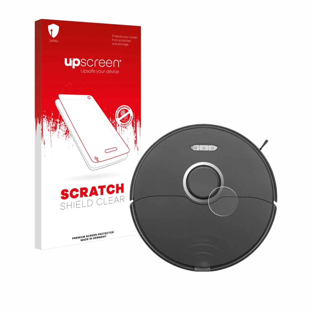 Parte frontale di una confezione del prodotto con il logo del marchio upscreen. Accanto è raffigurato il dispositivo Roborock