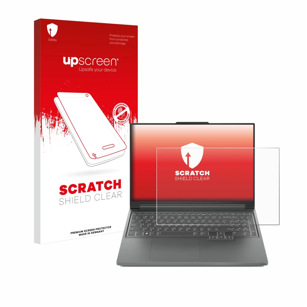 Parte frontale di una confezione del prodotto con il logo del marchio upscreen. Accanto è raffigurato il dispositivo Lenovo Le