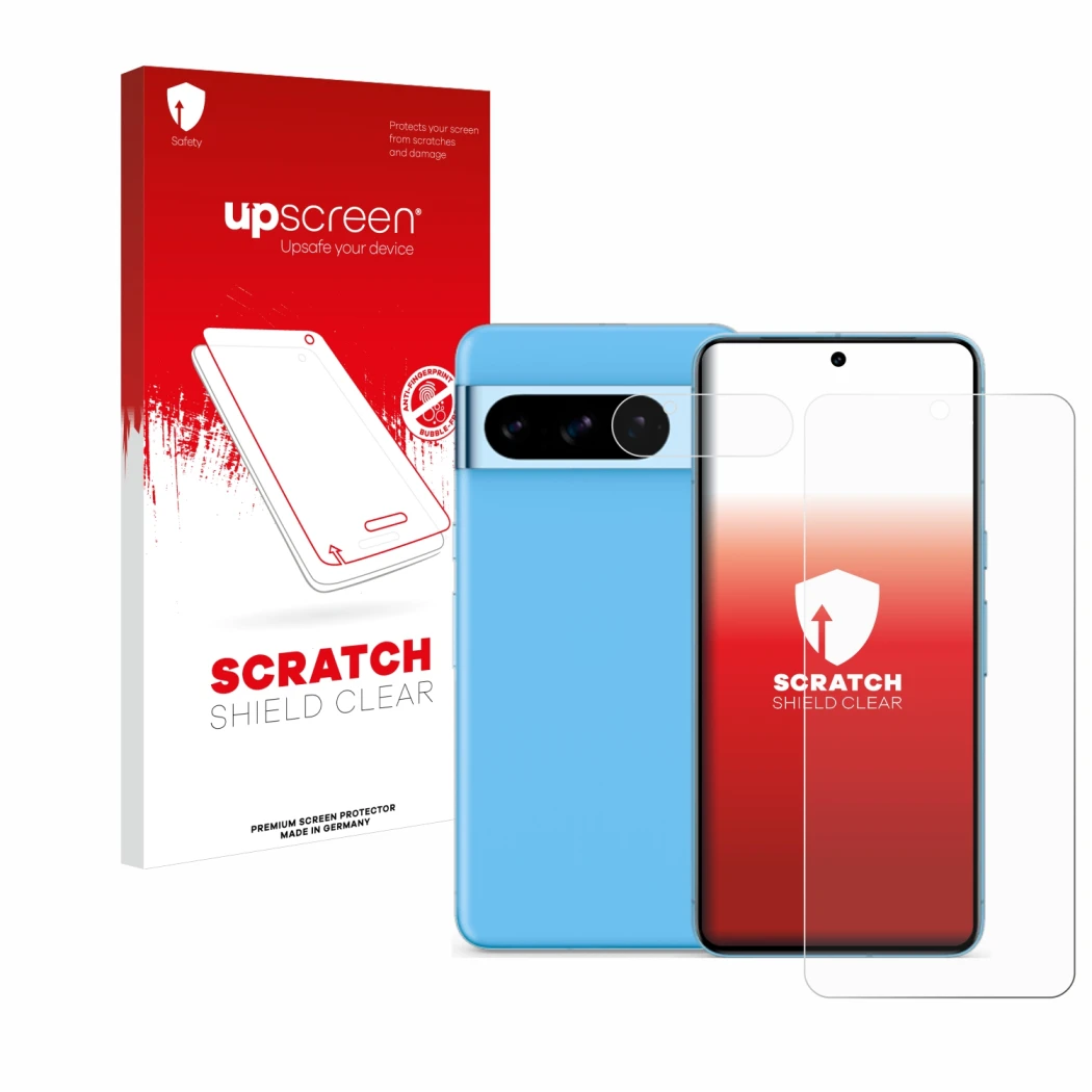 Parte frontale di una confezione del prodotto con il logo del marchio upscreen. Accanto è raffigurato il dispositivo Google Pi