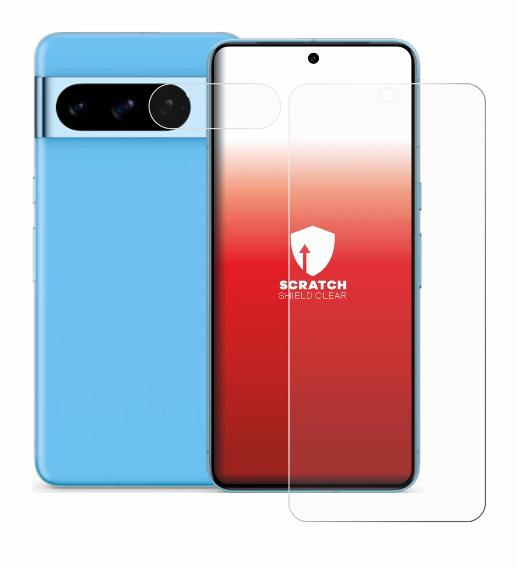 Immagine del dispositivo Google Pixel 8 Pro (Fronte+Fotocamera) con un'ampia varietà di protezioni per lo schermo.