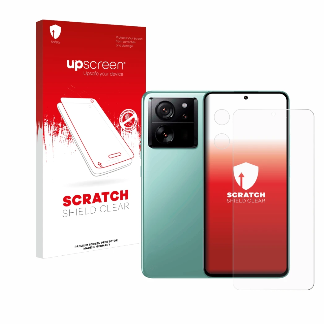 Parte frontale di una confezione del prodotto con il logo del marchio upscreen. Accanto è raffigurato il dispositivo Xiaomi 13