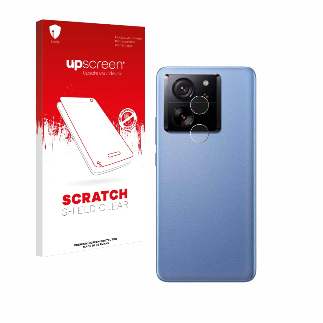 Parte frontale di una confezione del prodotto con il logo del marchio upscreen. Accanto è raffigurato il dispositivo Xiaomi 13