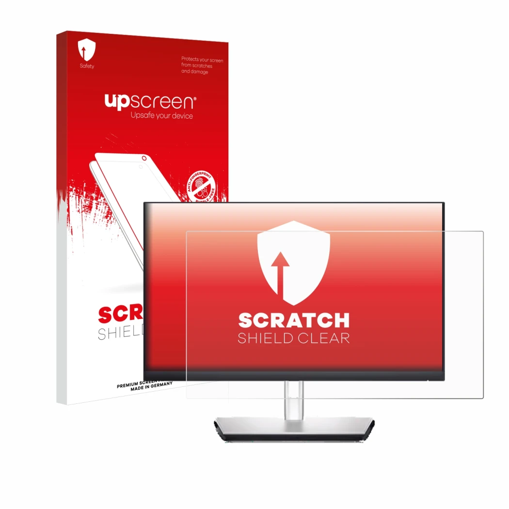 Parte frontale di una confezione del prodotto con il logo del marchio upscreen. Accanto è raffigurato il dispositivo Dell P242