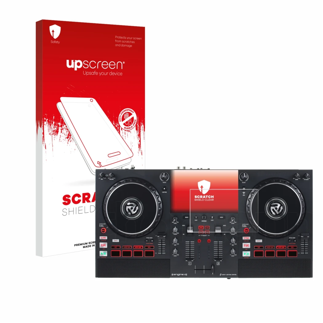 Parte frontale di una confezione del prodotto con il logo del marchio upscreen. Accanto è raffigurato il dispositivo Numark Mi