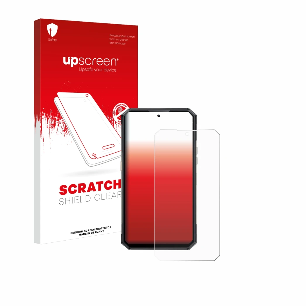 Parte frontale di una confezione del prodotto con il logo del marchio upscreen. Accanto è raffigurato il dispositivo Oukitel W