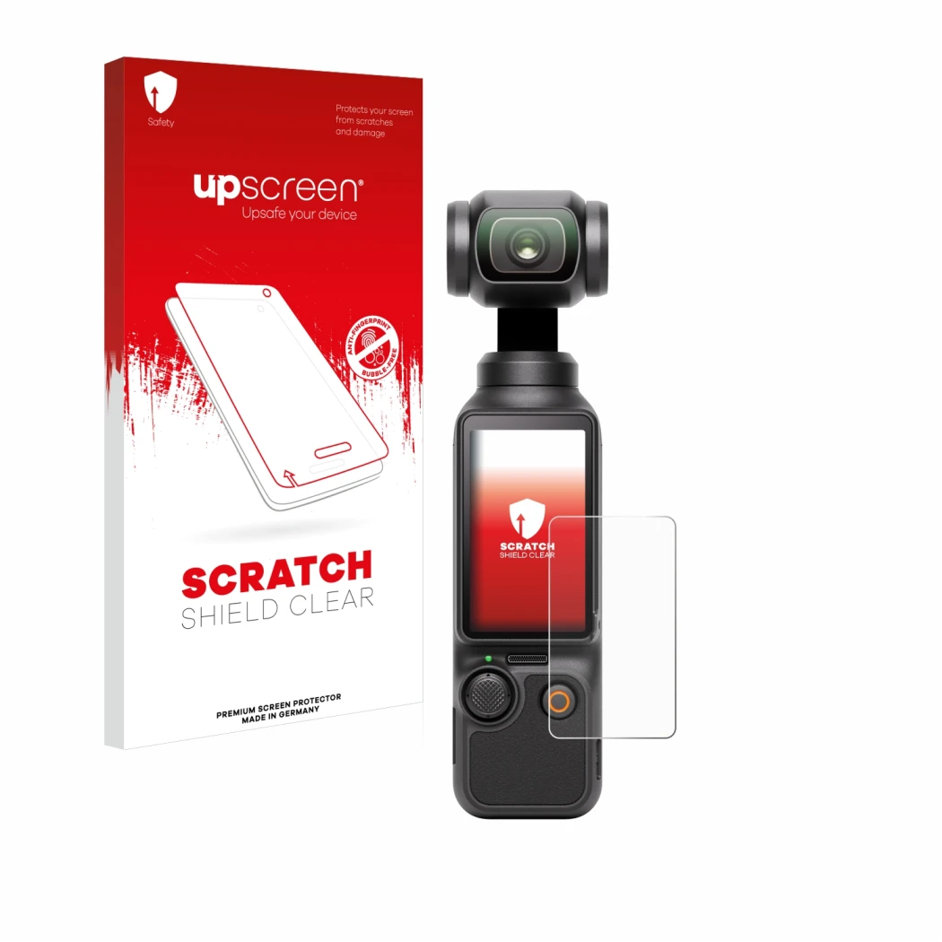 Parte frontale di una confezione del prodotto con il logo del marchio upscreen. Accanto è raffigurato il dispositivo DJI Osmo