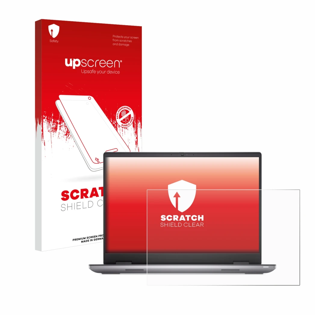 Parte frontale di una confezione del prodotto con il logo del marchio upscreen. Accanto è raffigurato il dispositivo Dell Prec