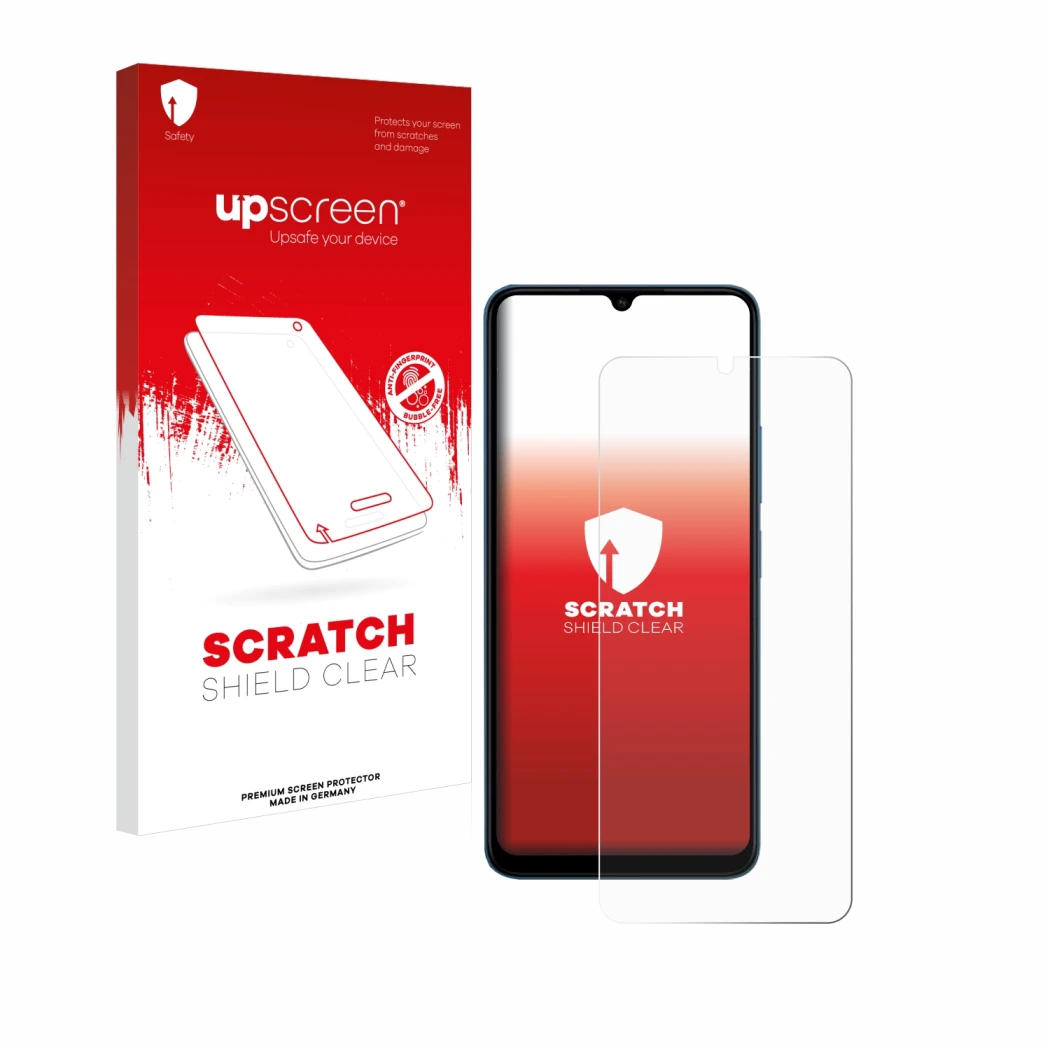 Parte frontale di una confezione del prodotto con il logo del marchio upscreen. Accanto è raffigurato il dispositivo Xiaomi Re