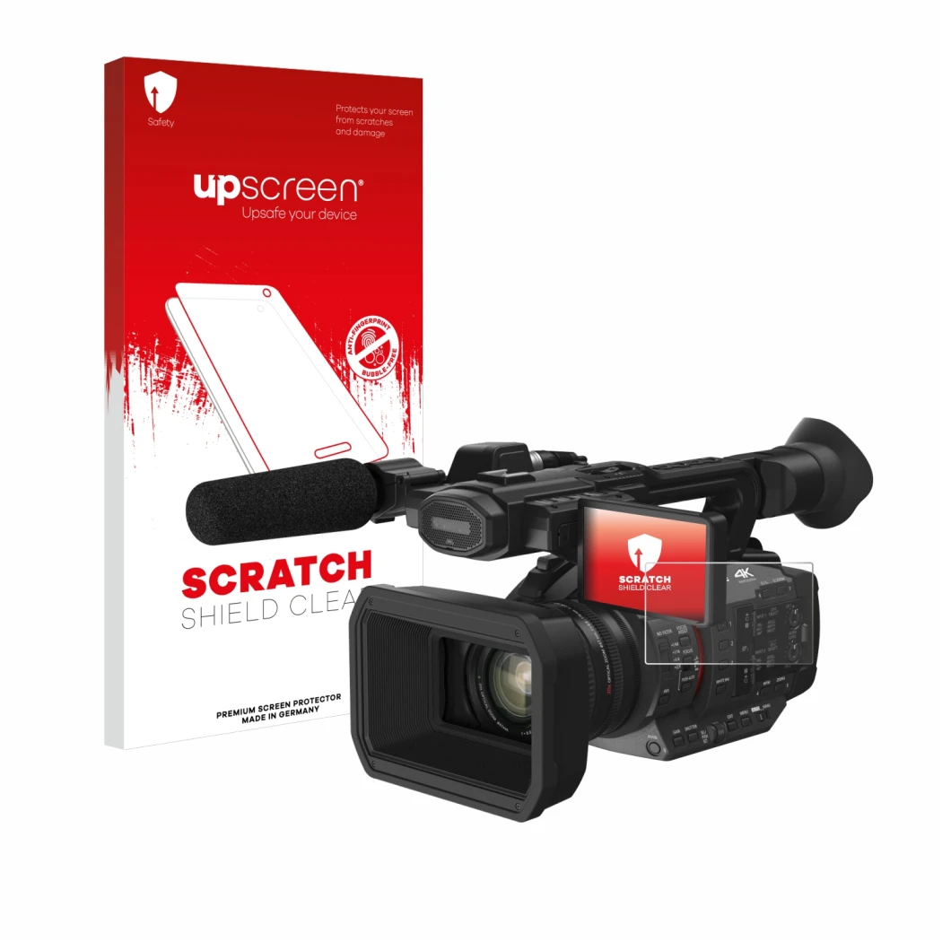 Parte frontale di una confezione del prodotto con il logo del marchio upscreen. Accanto è raffigurato il dispositivo Panasonic