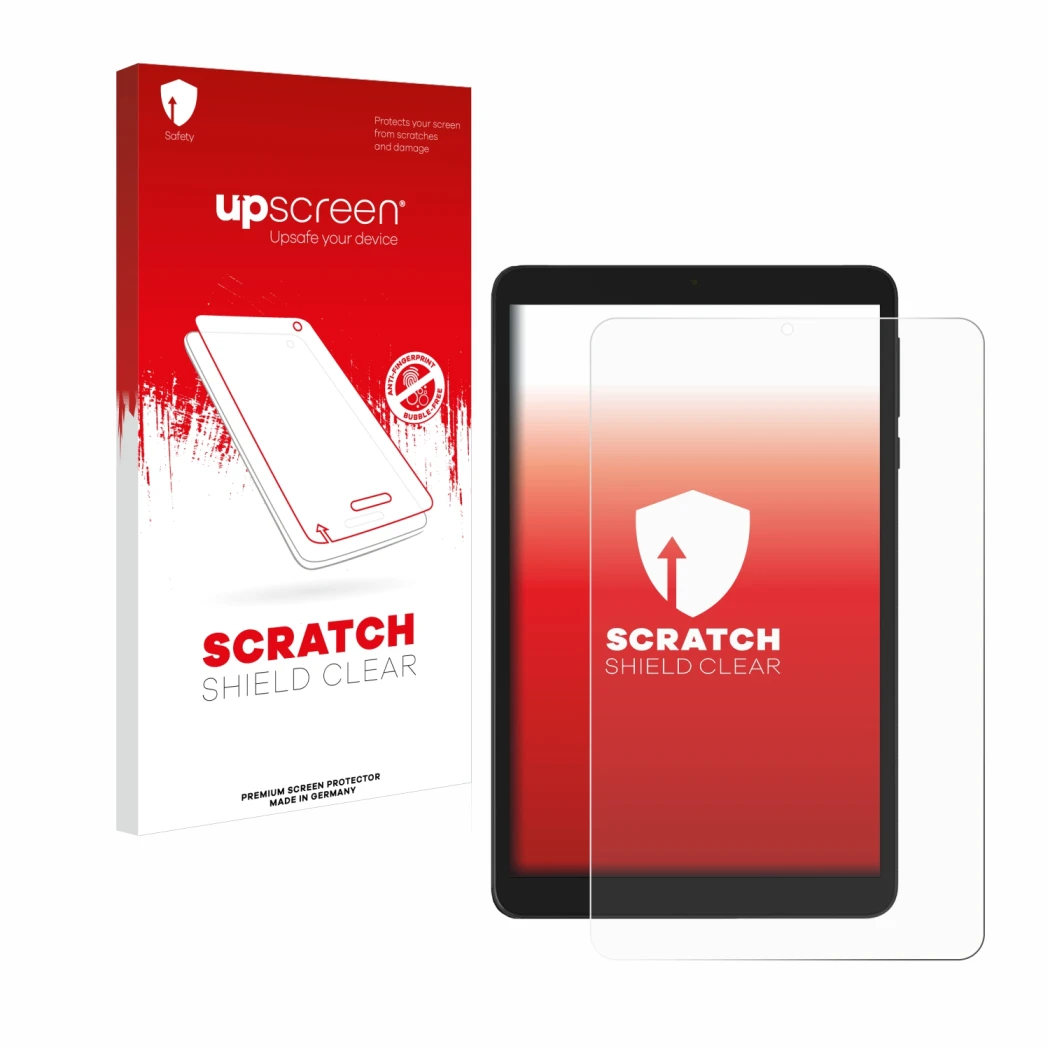 Parte frontale di una confezione del prodotto con il logo del marchio upscreen. Accanto è raffigurato il dispositivo Doogee T2