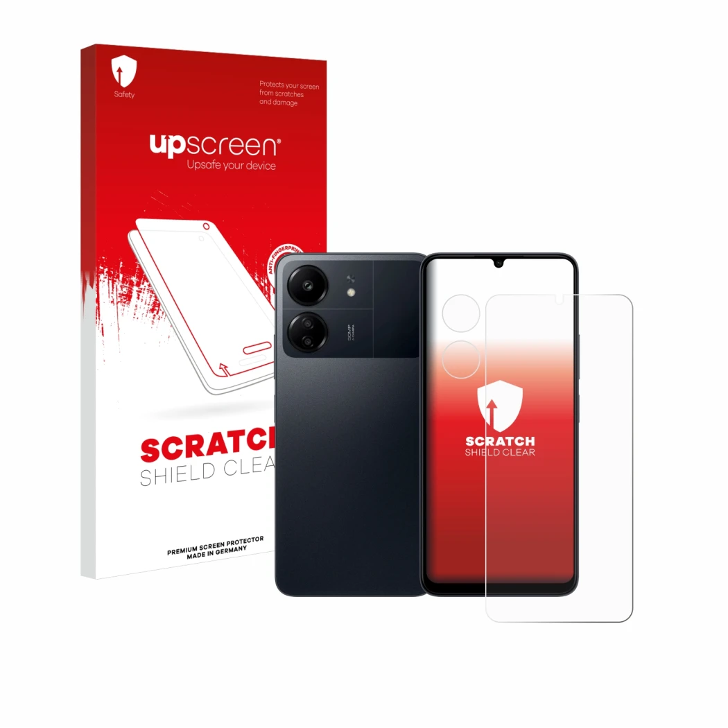Parte frontale di una confezione del prodotto con il logo del marchio upscreen. Accanto è raffigurato il dispositivo Xiaomi Po