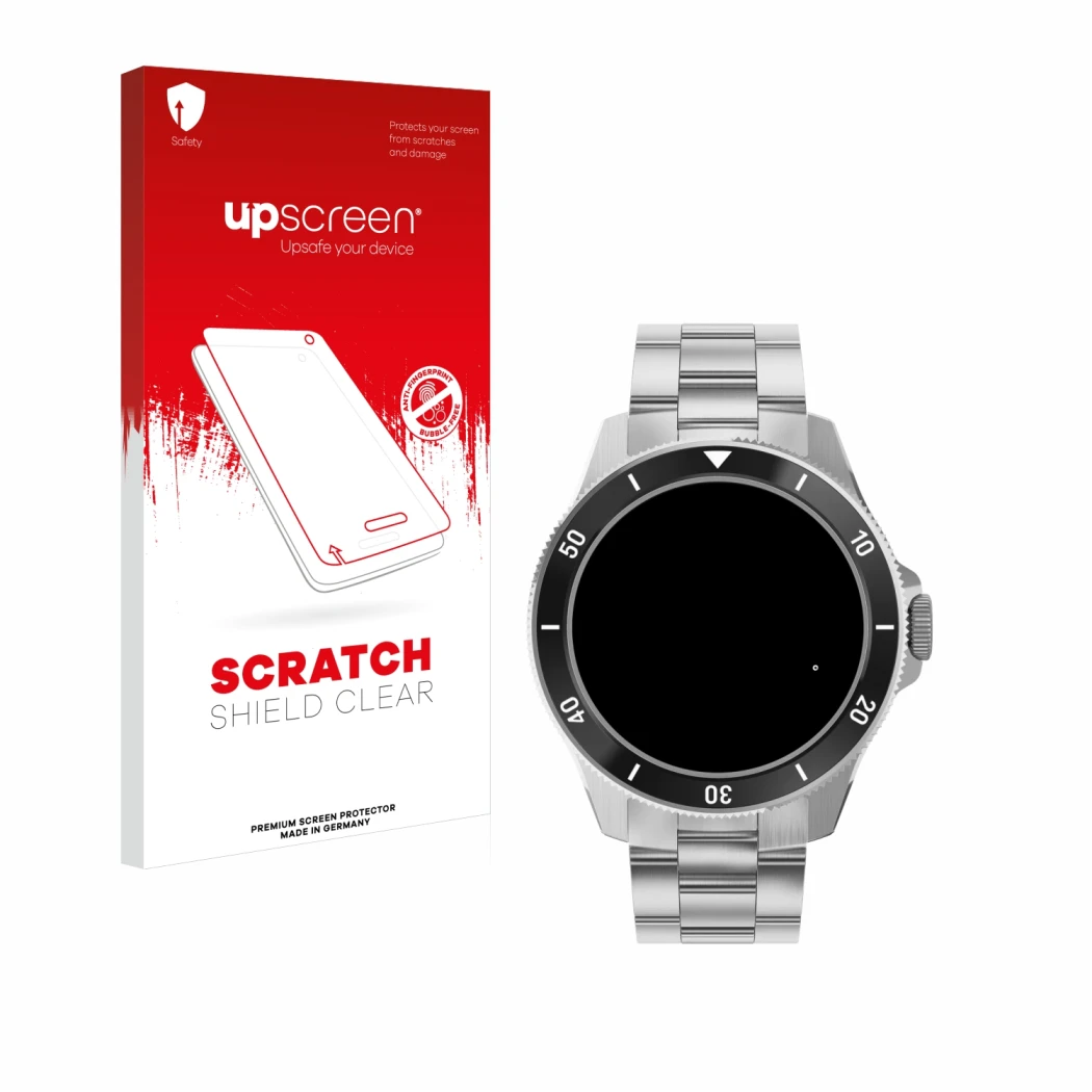 Parte frontale di una confezione del prodotto con il logo del marchio upscreen. Accanto è raffigurato il dispositivo Withings