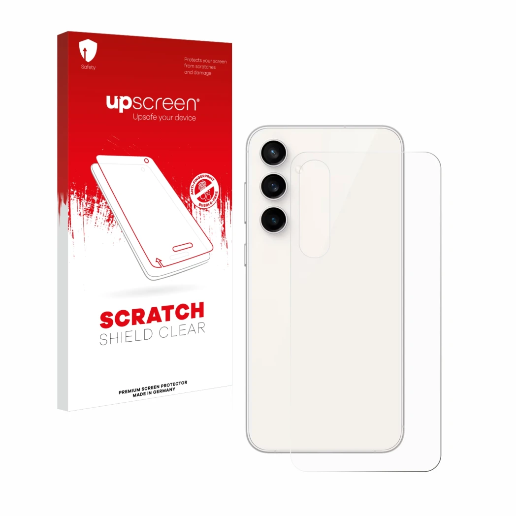 Parte frontale di una confezione del prodotto con il logo del marchio upscreen. Accanto è raffigurato il dispositivo Samsung G