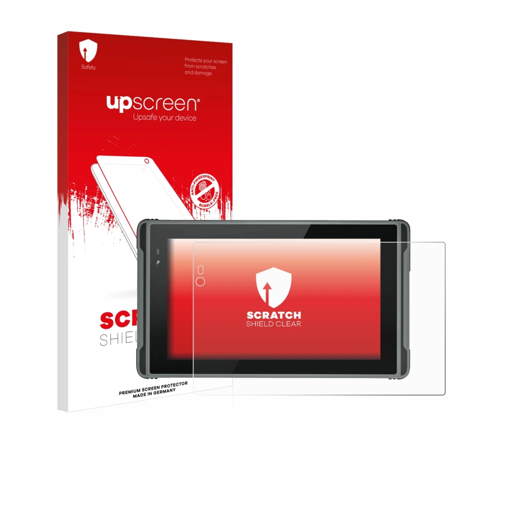 Parte frontale di una confezione del prodotto con il logo del marchio upscreen. Accanto è raffigurato il dispositivo Hugerock