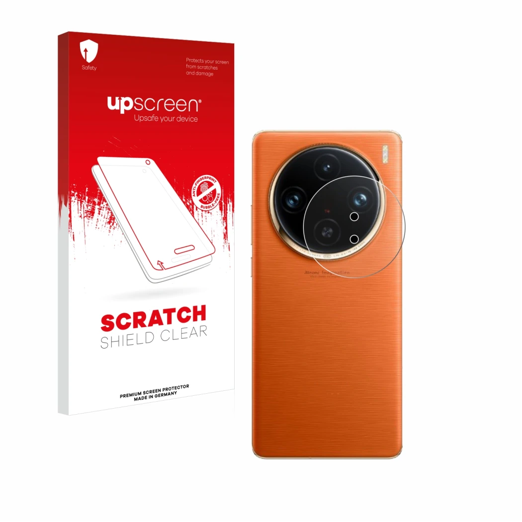 Parte frontale di una confezione del prodotto con il logo del marchio upscreen. Accanto è raffigurato il dispositivo Vivo X100