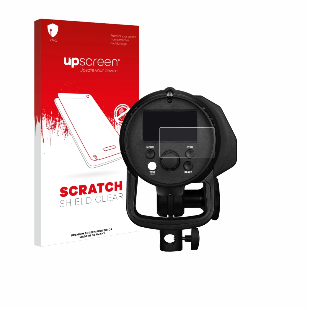 Parte frontale di una confezione del prodotto con il logo del marchio upscreen. Accanto è raffigurato il dispositivo Profoto B