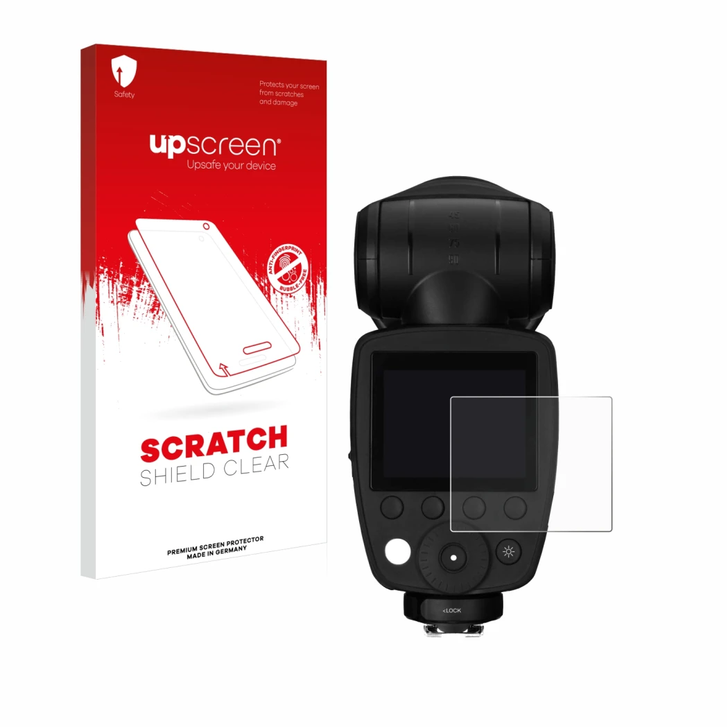 Parte frontale di una confezione del prodotto con il logo del marchio upscreen. Accanto è raffigurato il dispositivo Profoto A