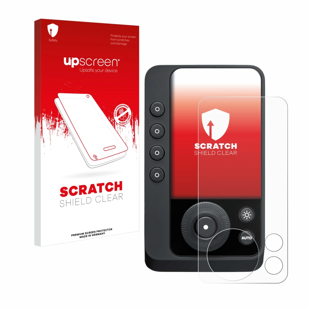 Parte frontale di una confezione del prodotto con il logo del marchio upscreen. Accanto è raffigurato il dispositivo Profoto C