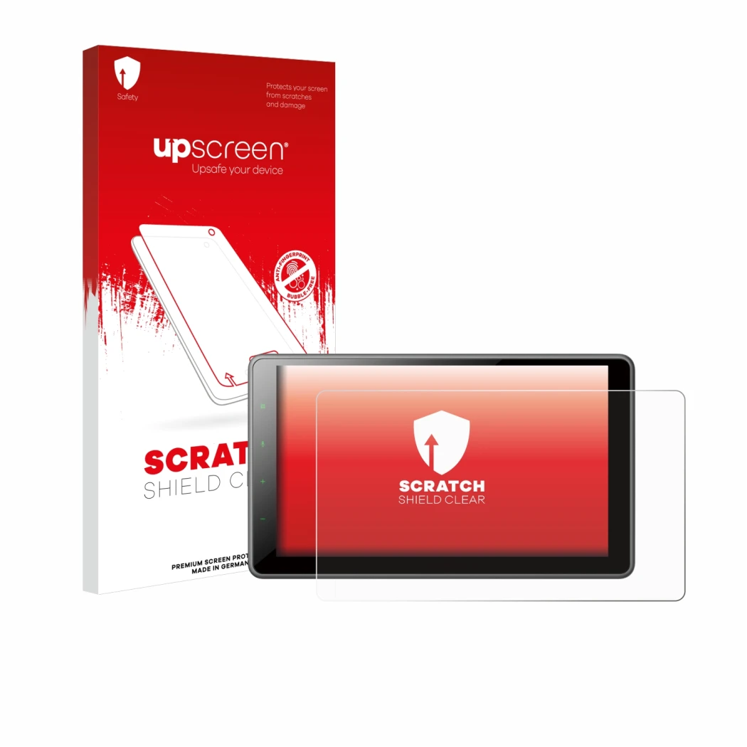 Parte frontale di una confezione del prodotto con il logo del marchio upscreen. Accanto è raffigurato il dispositivo Pioneer S