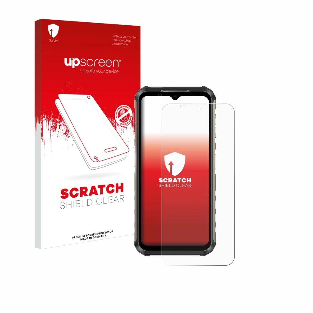Parte frontale di una confezione del prodotto con il logo del marchio upscreen. Accanto è raffigurato il dispositivo Ulefone A