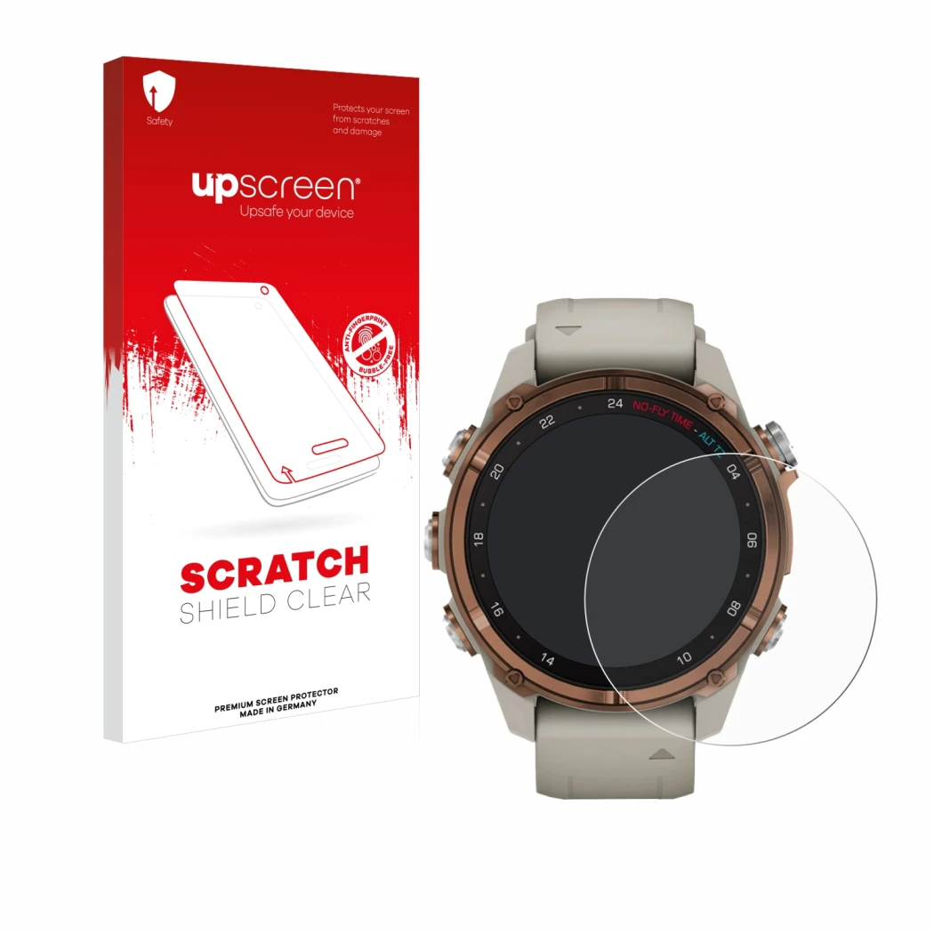 Parte frontale di una confezione del prodotto con il logo del marchio upscreen. Accanto è raffigurato il dispositivo Garmin De