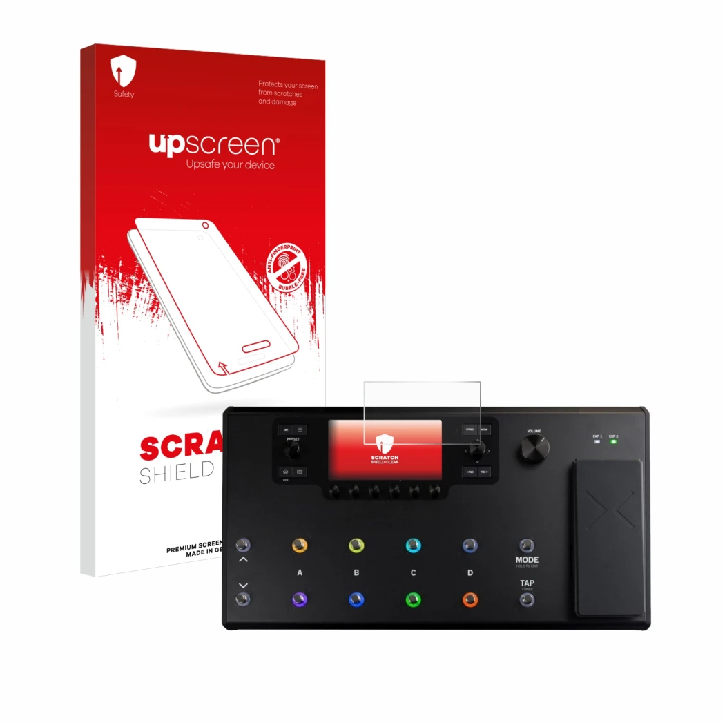 Parte frontale di una confezione del prodotto con il logo del marchio upscreen. Accanto è raffigurato il dispositivo Line 6 He