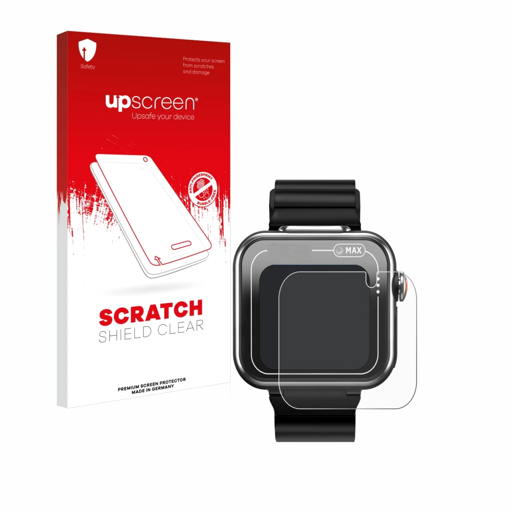 Parte frontale di una confezione del prodotto con il logo del marchio upscreen. Accanto è raffigurato il dispositivo Vtech Kid