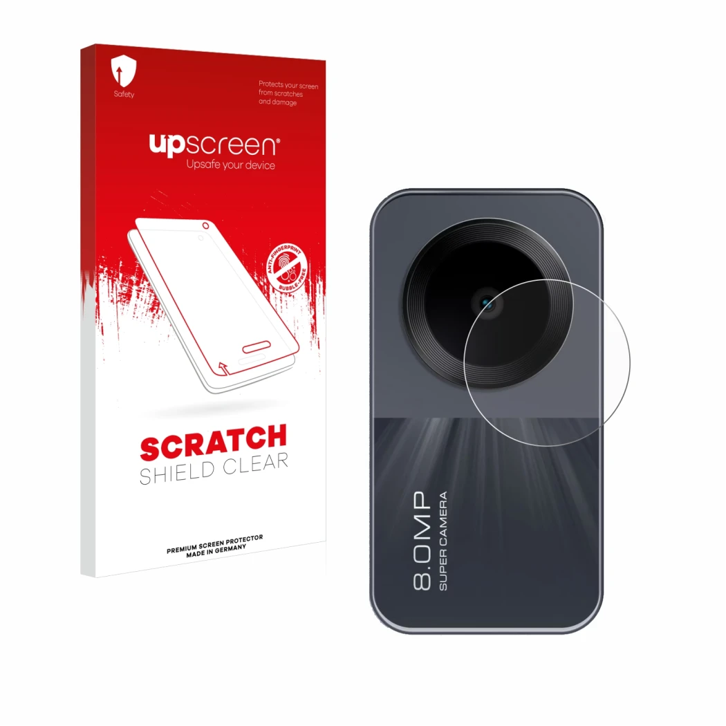 Parte frontale di una confezione del prodotto con il logo del marchio upscreen. Accanto è raffigurato il dispositivo Xiaomi Re