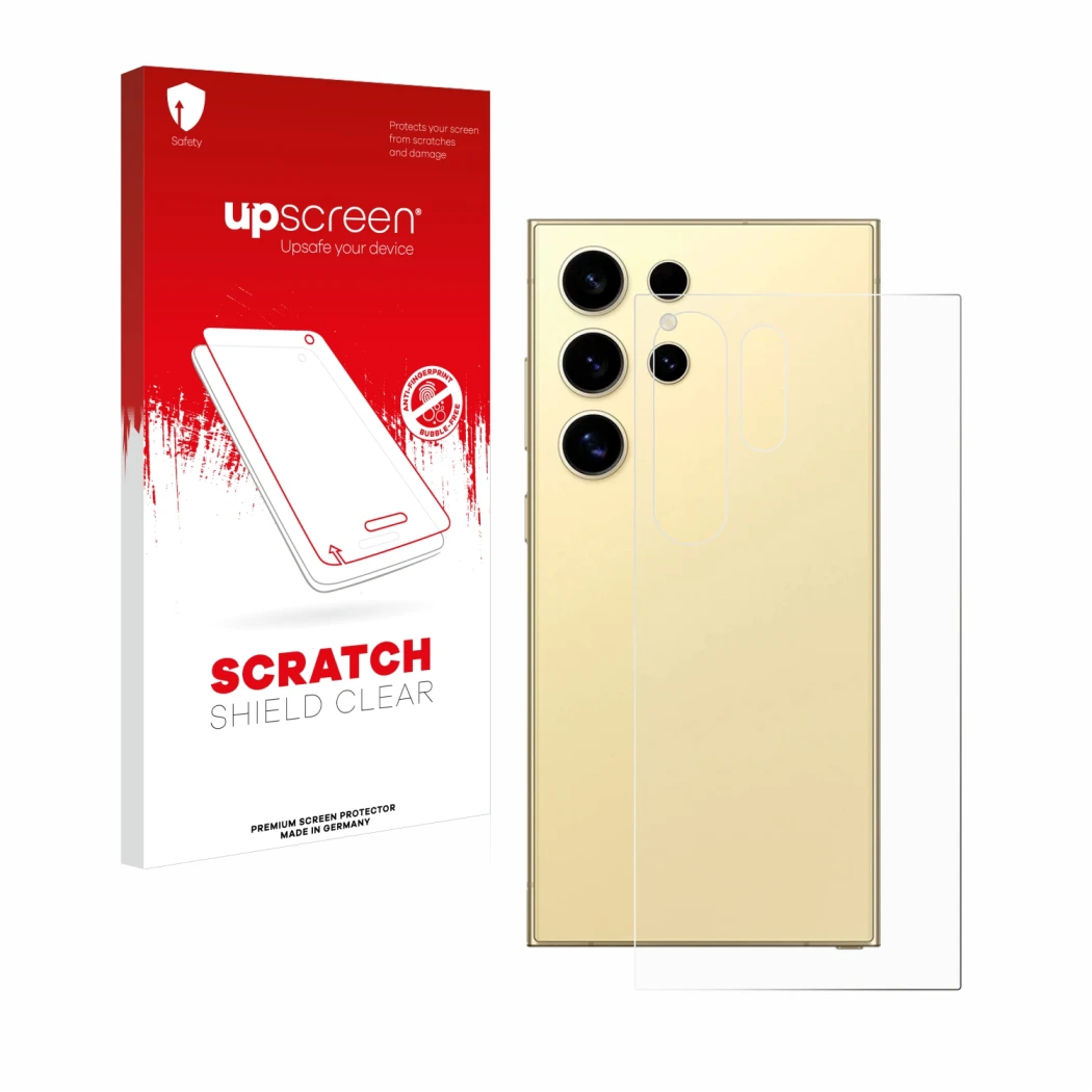 Parte frontale di una confezione del prodotto con il logo del marchio upscreen. Accanto è raffigurato il dispositivo Samsung G