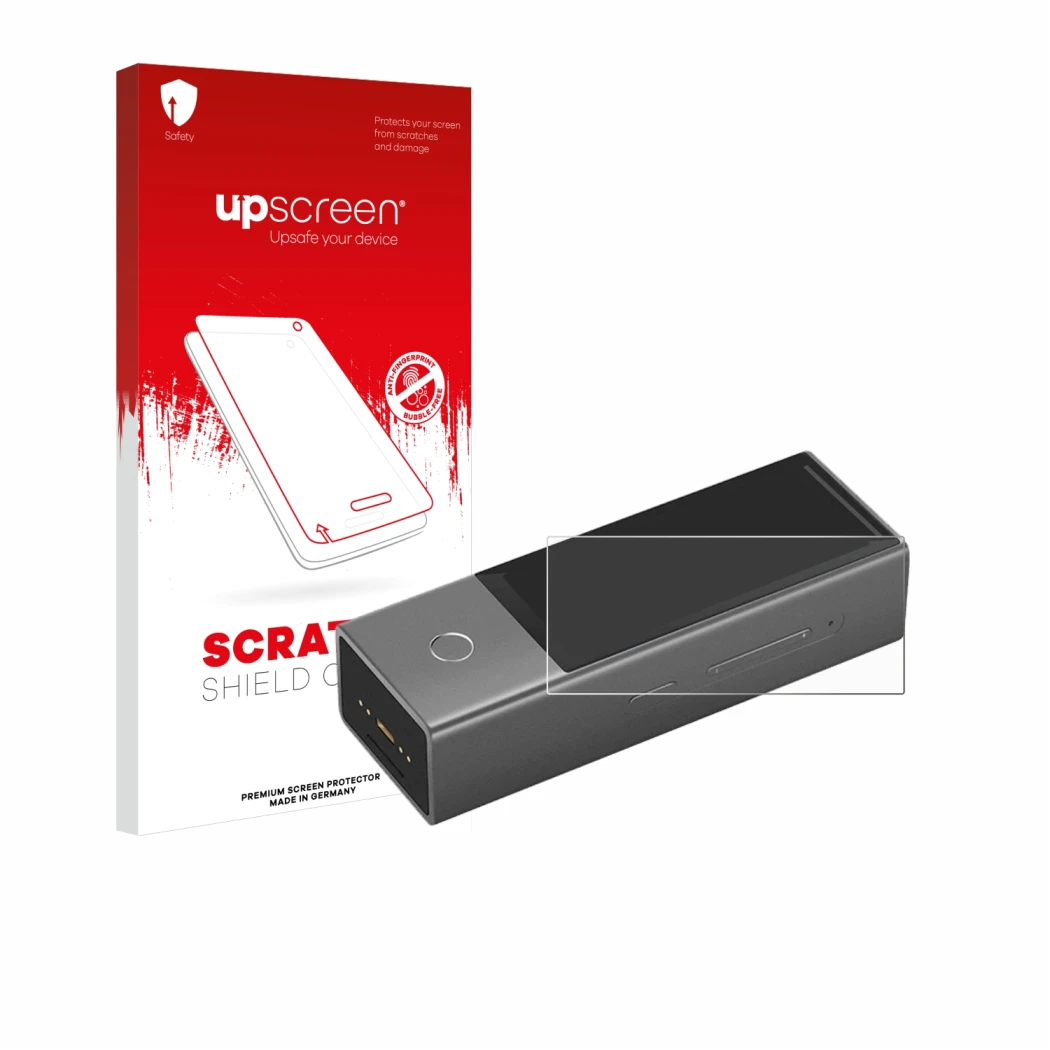 Parte frontale di una confezione del prodotto con il logo del marchio upscreen. Accanto è raffigurato il dispositivo Timekettl
