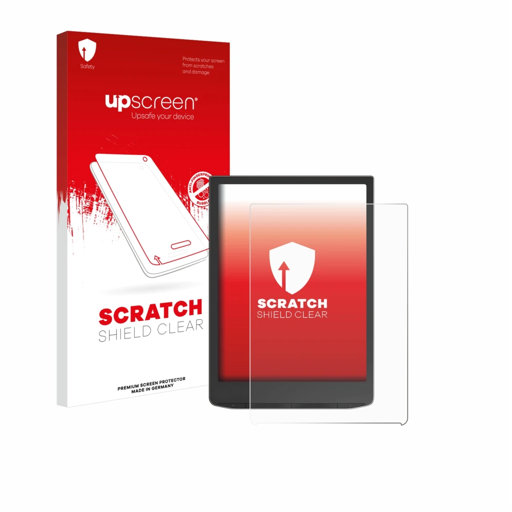 Parte frontale di una confezione del prodotto con il logo del marchio upscreen. Accanto è raffigurato il dispositivo Vivlio In