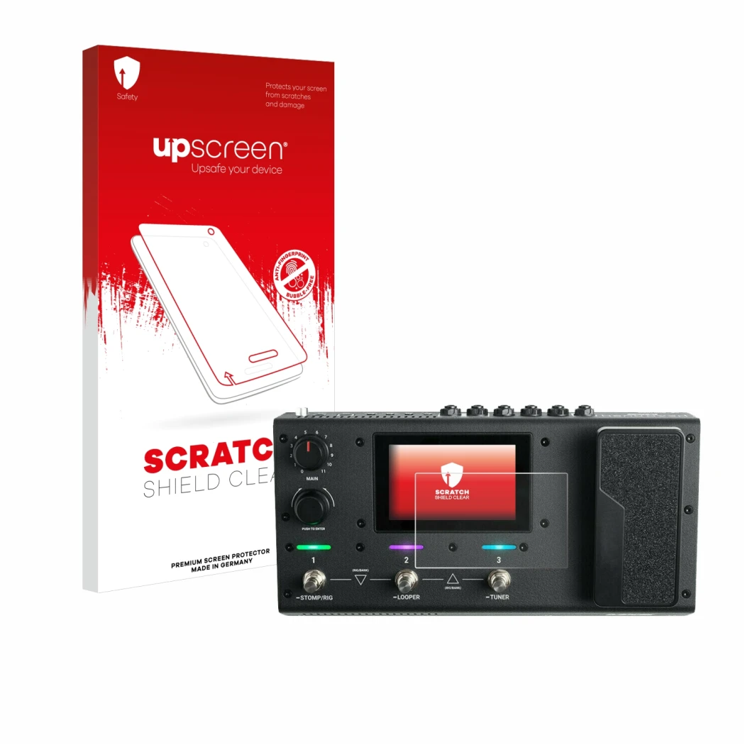 Parte frontale di una confezione del prodotto con il logo del marchio upscreen. Accanto è raffigurato il dispositivo Headrush