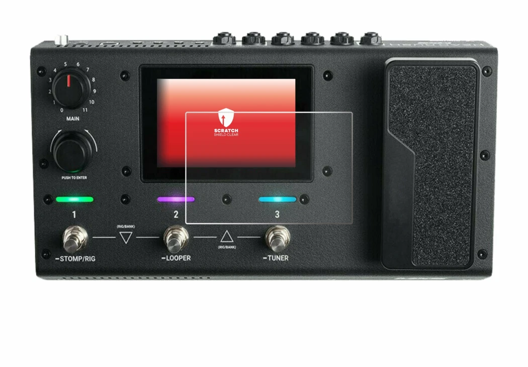 Immagine del dispositivo Headrush MX5 con un'ampia varietà di protezioni per lo schermo.