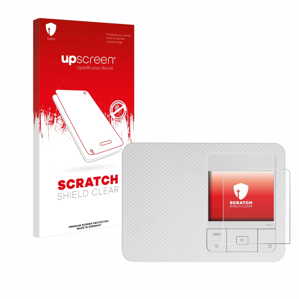 Parte frontale di una confezione del prodotto con il logo del marchio upscreen. Accanto è raffigurato il dispositivo Canon Sel