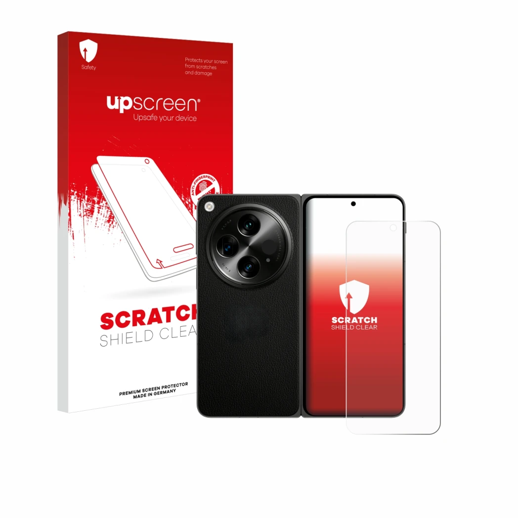 Parte frontale di una confezione del prodotto con il logo del marchio upscreen. Accanto è raffigurato il dispositivo OnePlus O