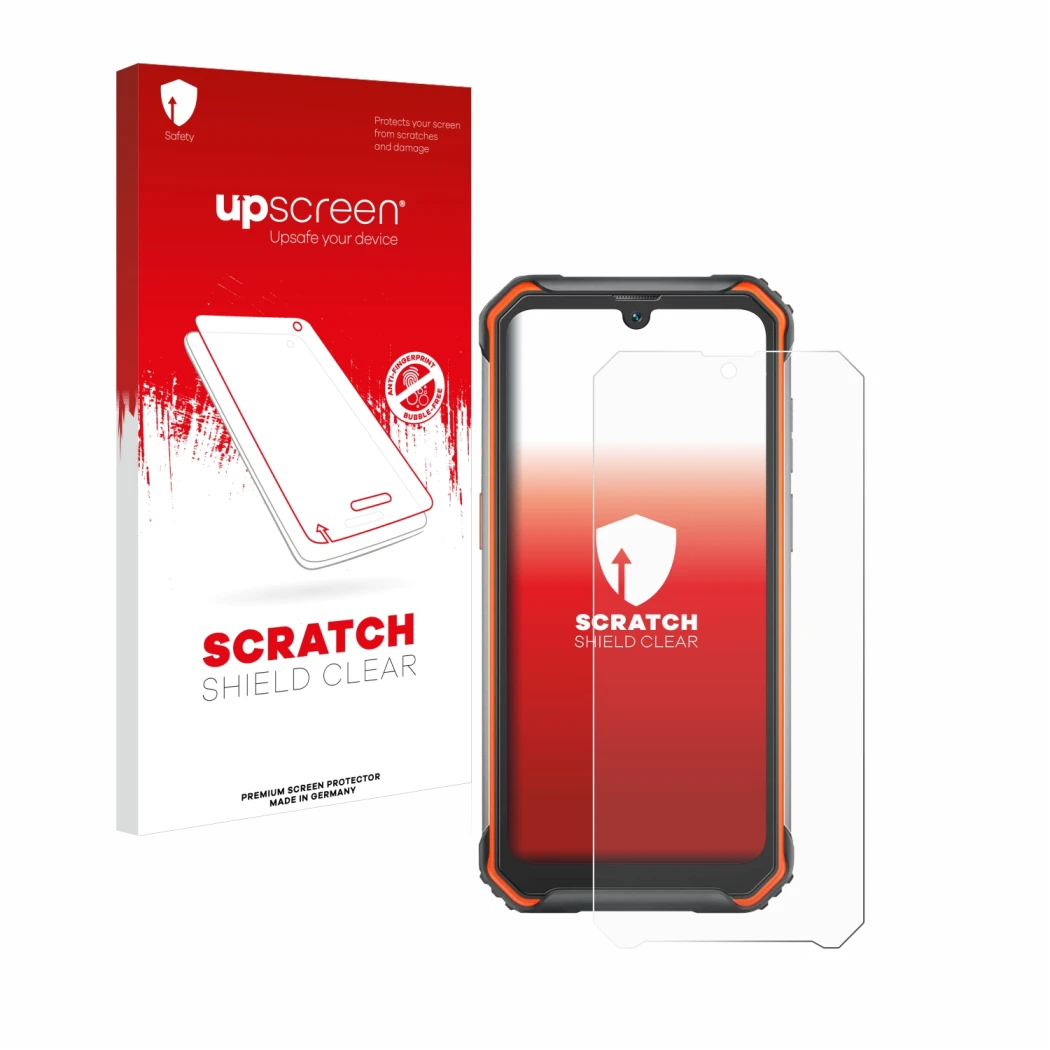 Parte frontale di una confezione del prodotto con il logo del marchio upscreen. Accanto è raffigurato il dispositivo Blackview