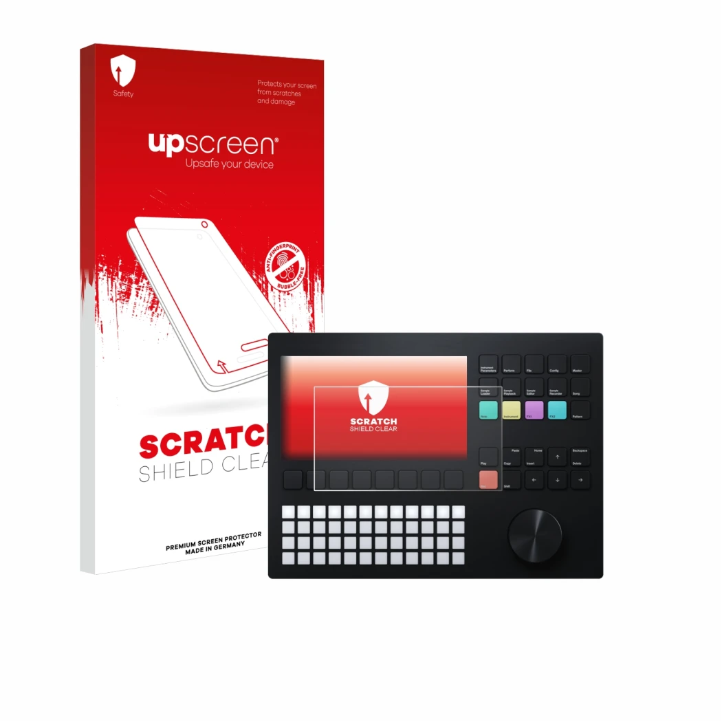 Parte frontale di una confezione del prodotto con il logo del marchio upscreen. Accanto è raffigurato il dispositivo Polyend T