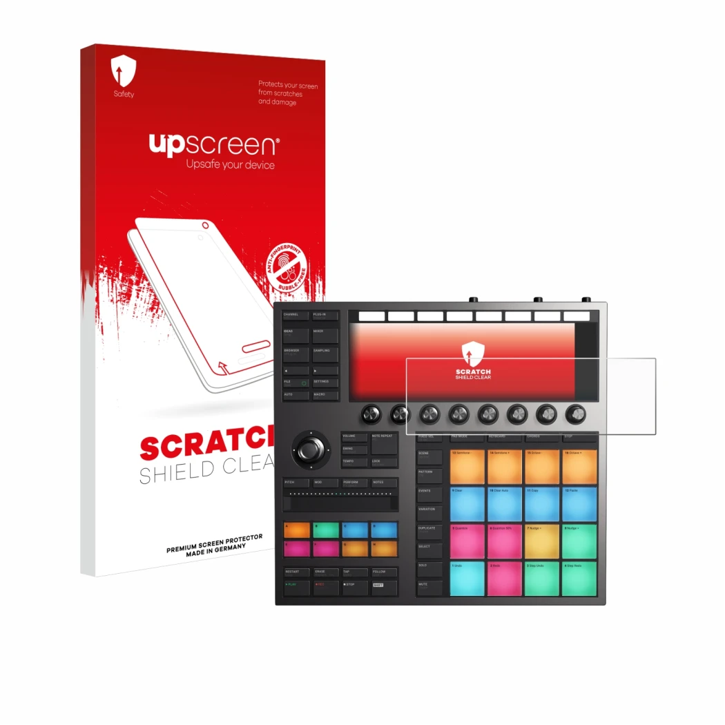 Parte frontale di una confezione del prodotto con il logo del marchio upscreen. Accanto è raffigurato il dispositivo Native In