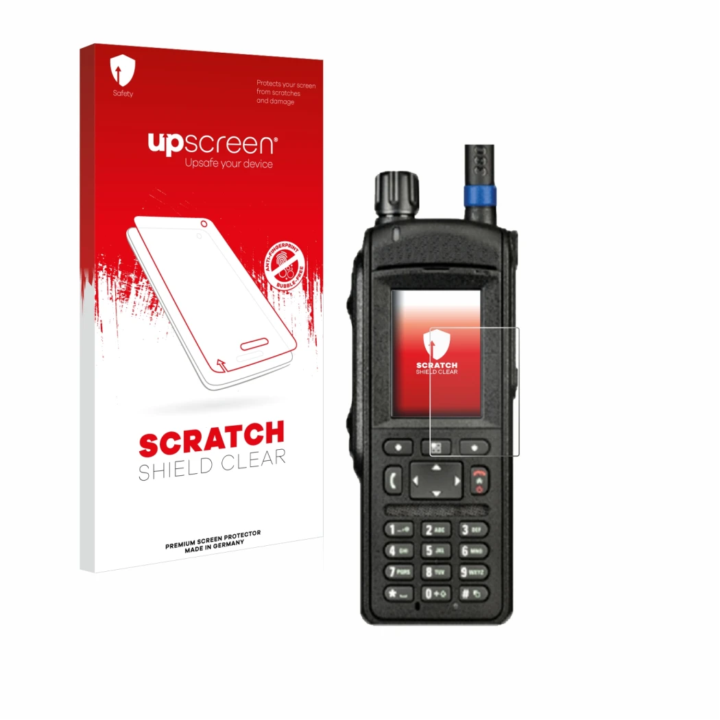 Parte frontale di una confezione del prodotto con il logo del marchio upscreen. Accanto è raffigurato il dispositivo Motorola