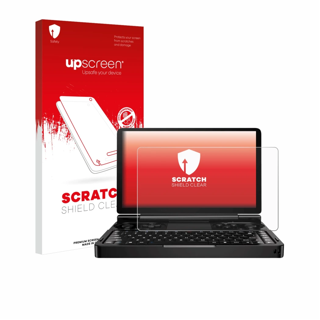 Parte frontale di una confezione del prodotto con il logo del marchio upscreen. Accanto è raffigurato il dispositivo GPD Win M