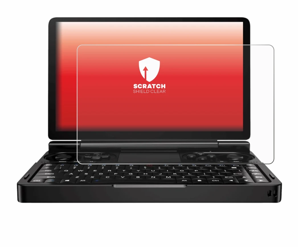 Immagine del dispositivo GPD Win Mini (2024) con un'ampia varietà di protezioni per lo schermo.